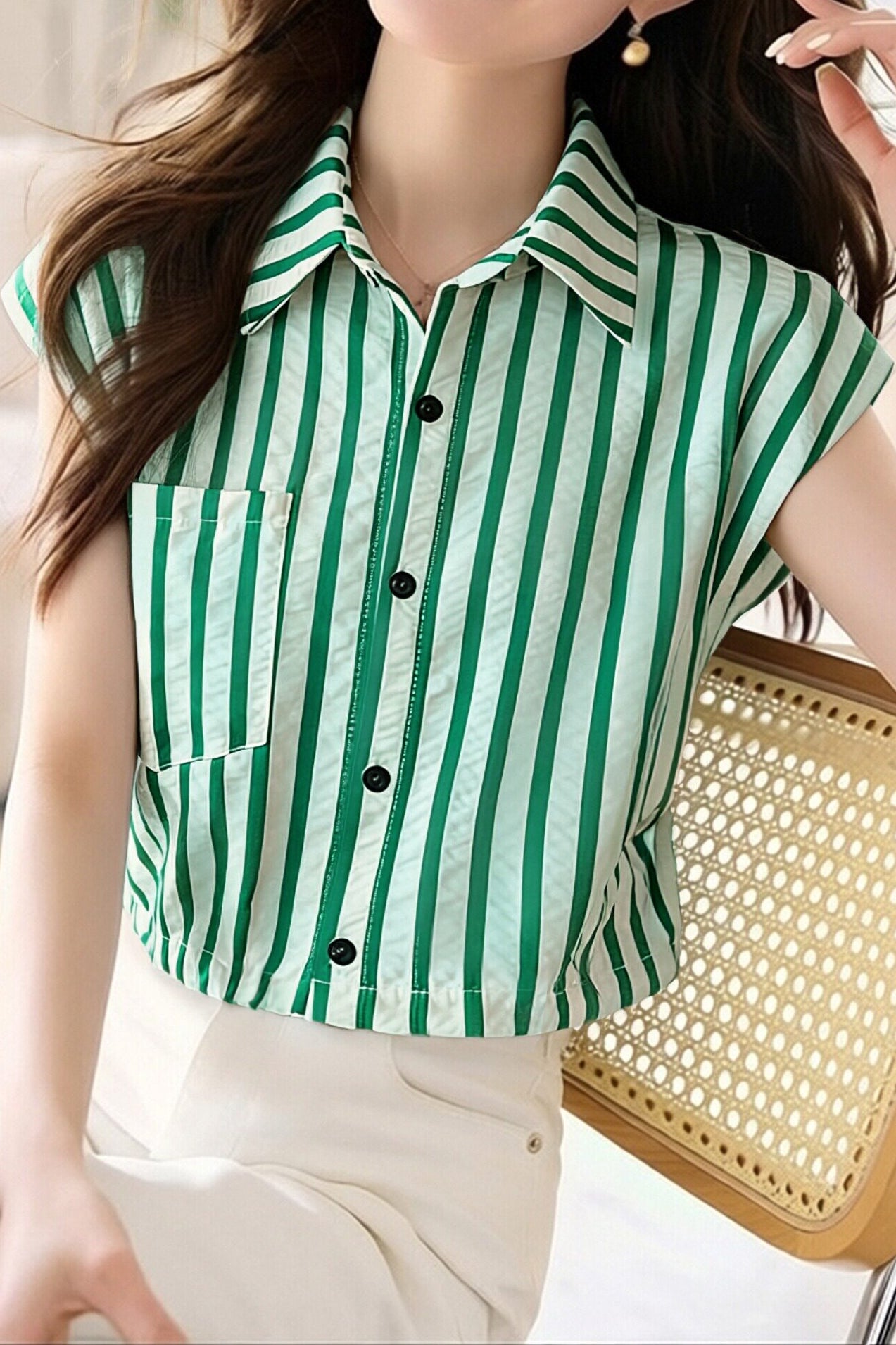 Casual Flutter Sleeve Striped Shirt - liwisi