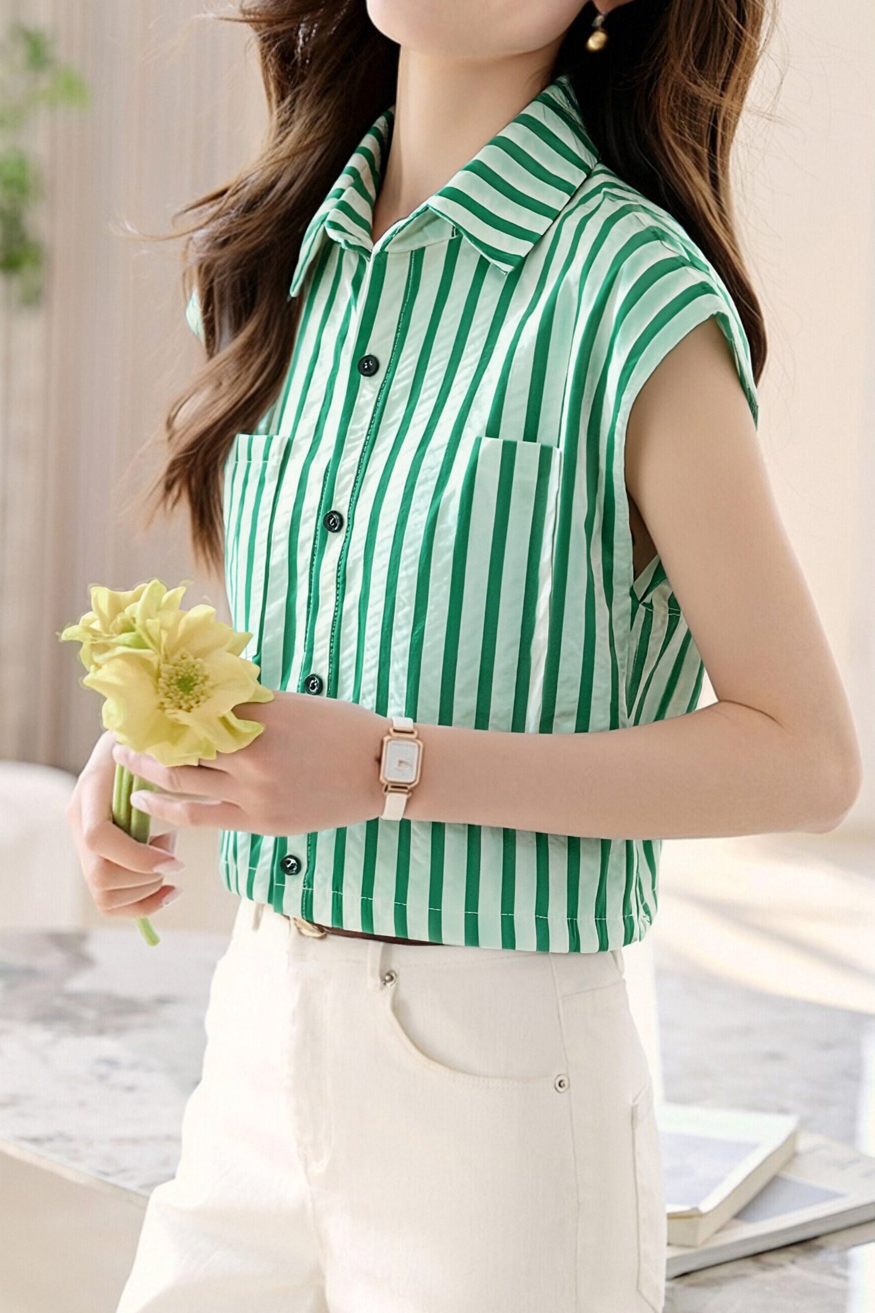 Casual Flutter Sleeve Striped Shirt - liwisi