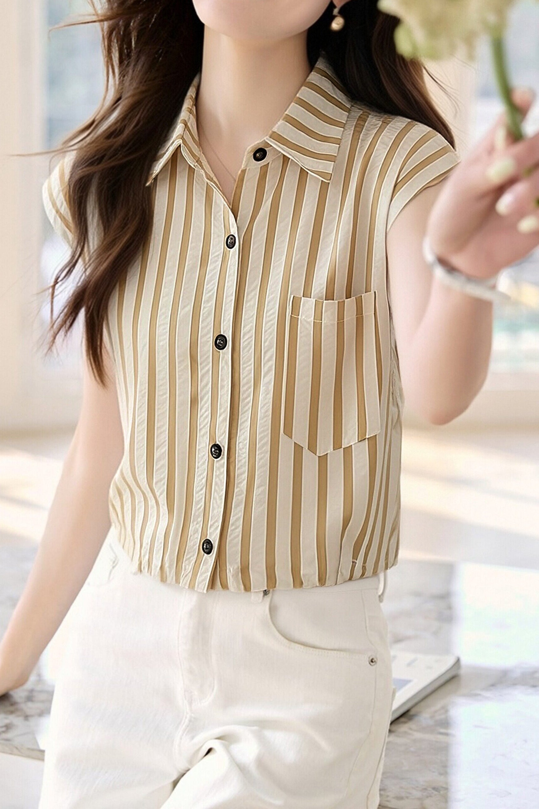 Casual Flutter Sleeve Striped Shirt - liwisi