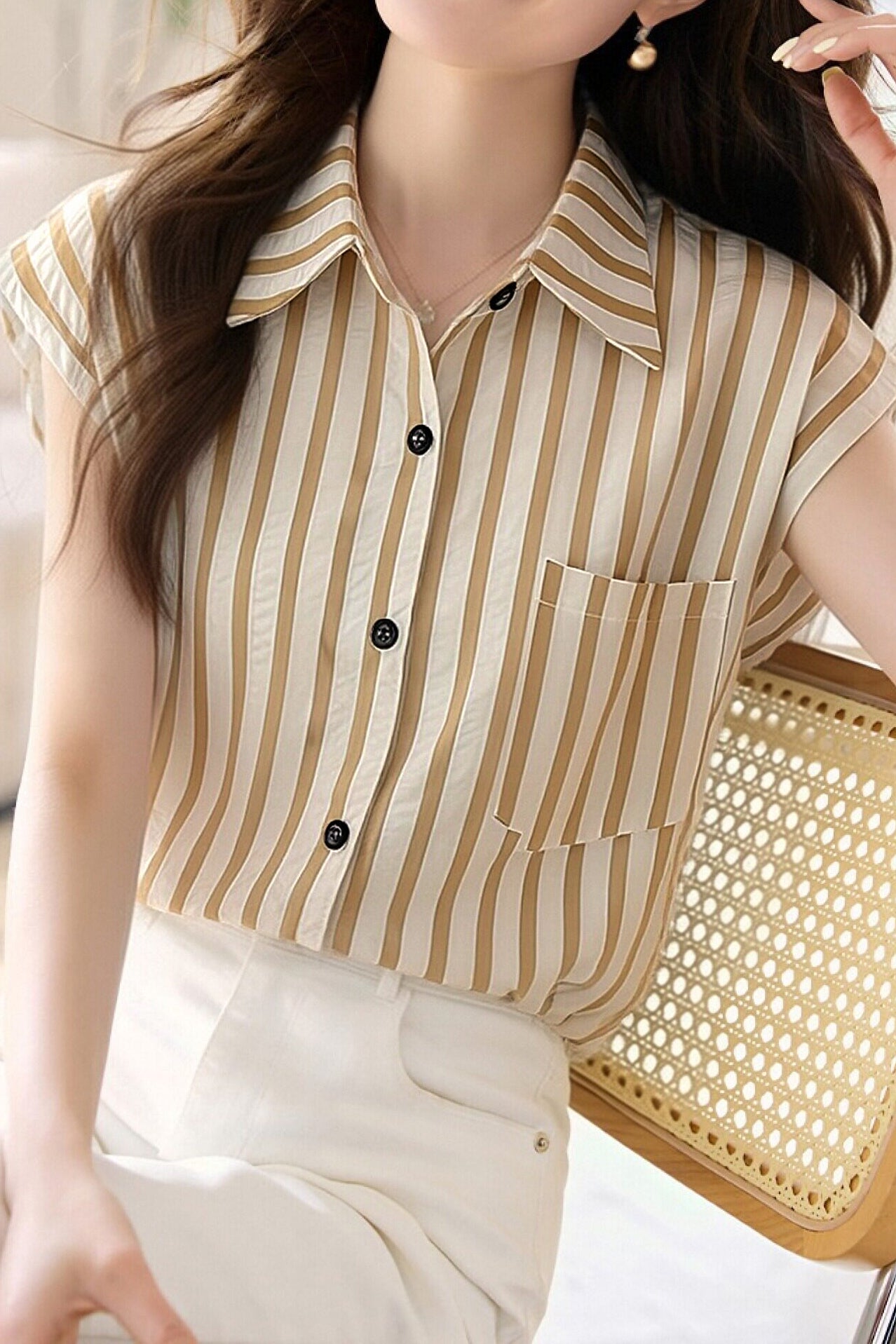 Casual Flutter Sleeve Striped Shirt - liwisi