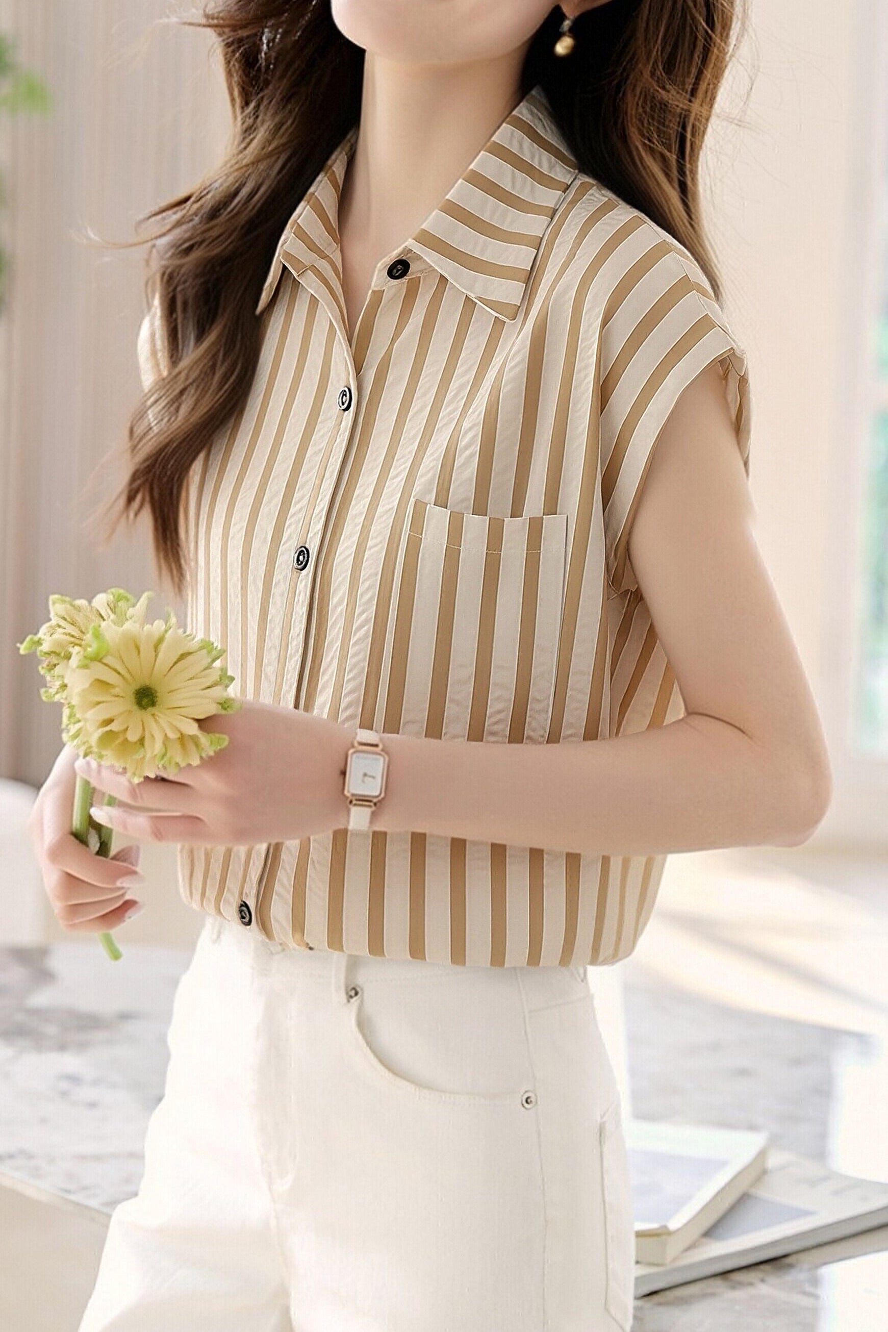 Casual Flutter Sleeve Striped Shirt - liwisi