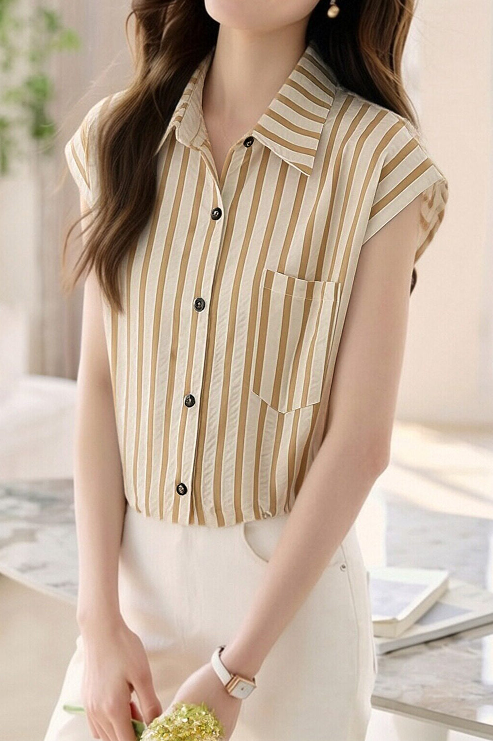 Casual Flutter Sleeve Striped Shirt - liwisi