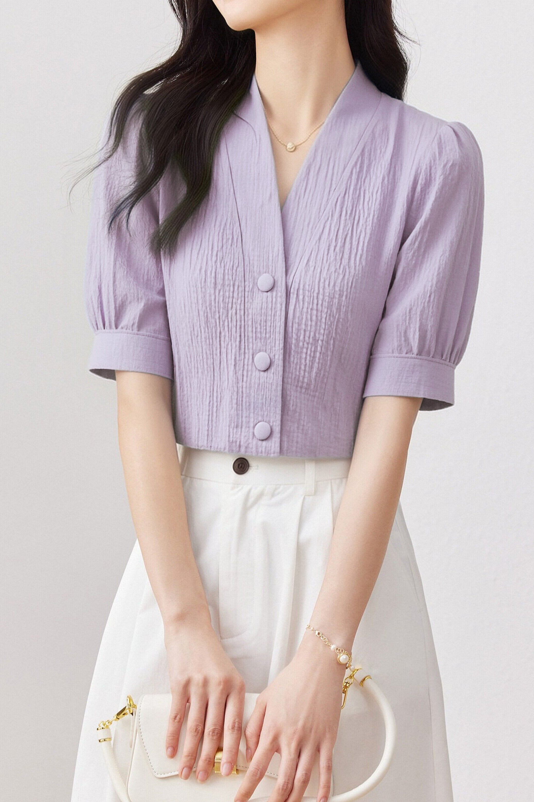 Casual Textured V-Neck Puff Sleeve Shirt - liwisi