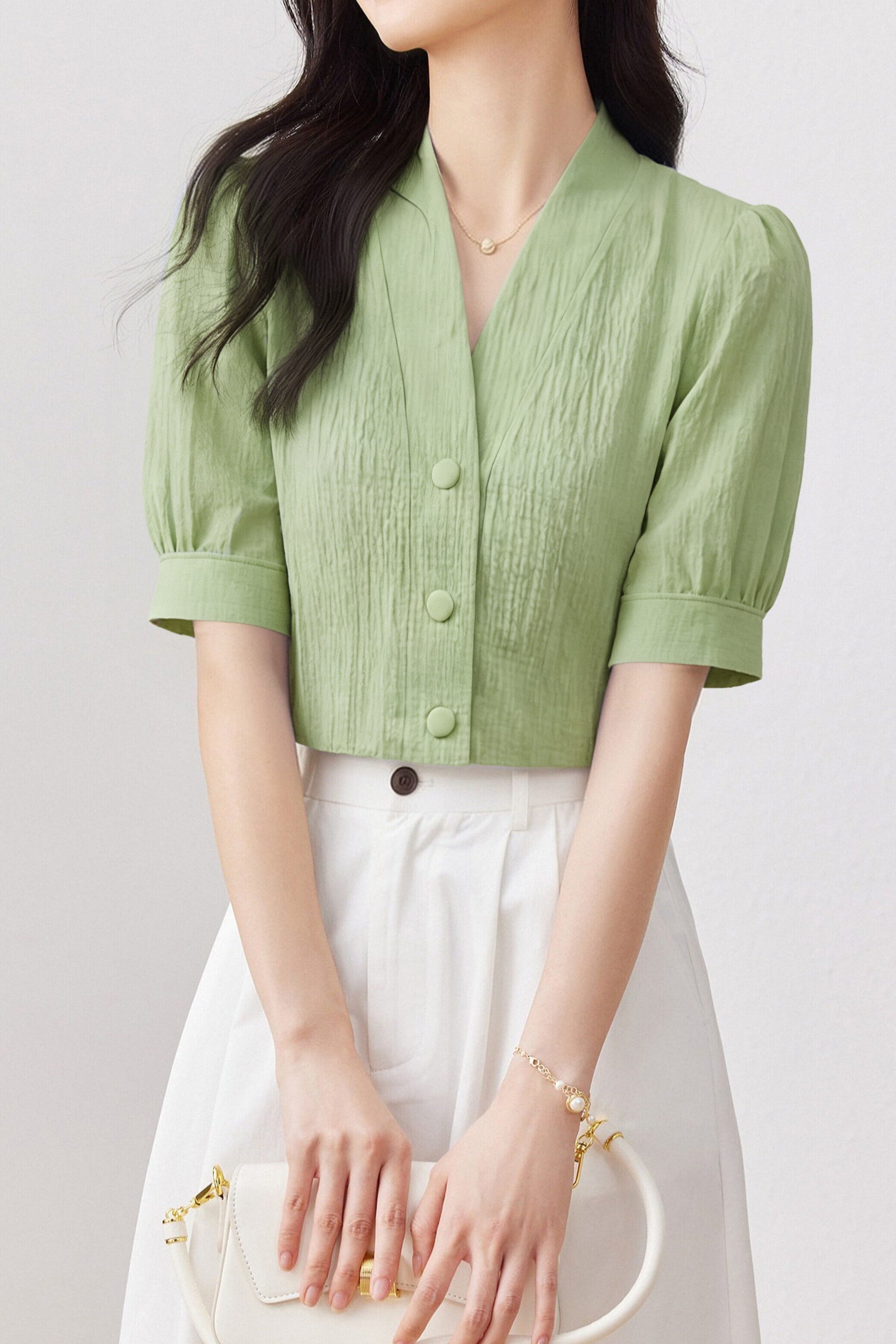 Casual Textured V-Neck Puff Sleeve Shirt - liwisi