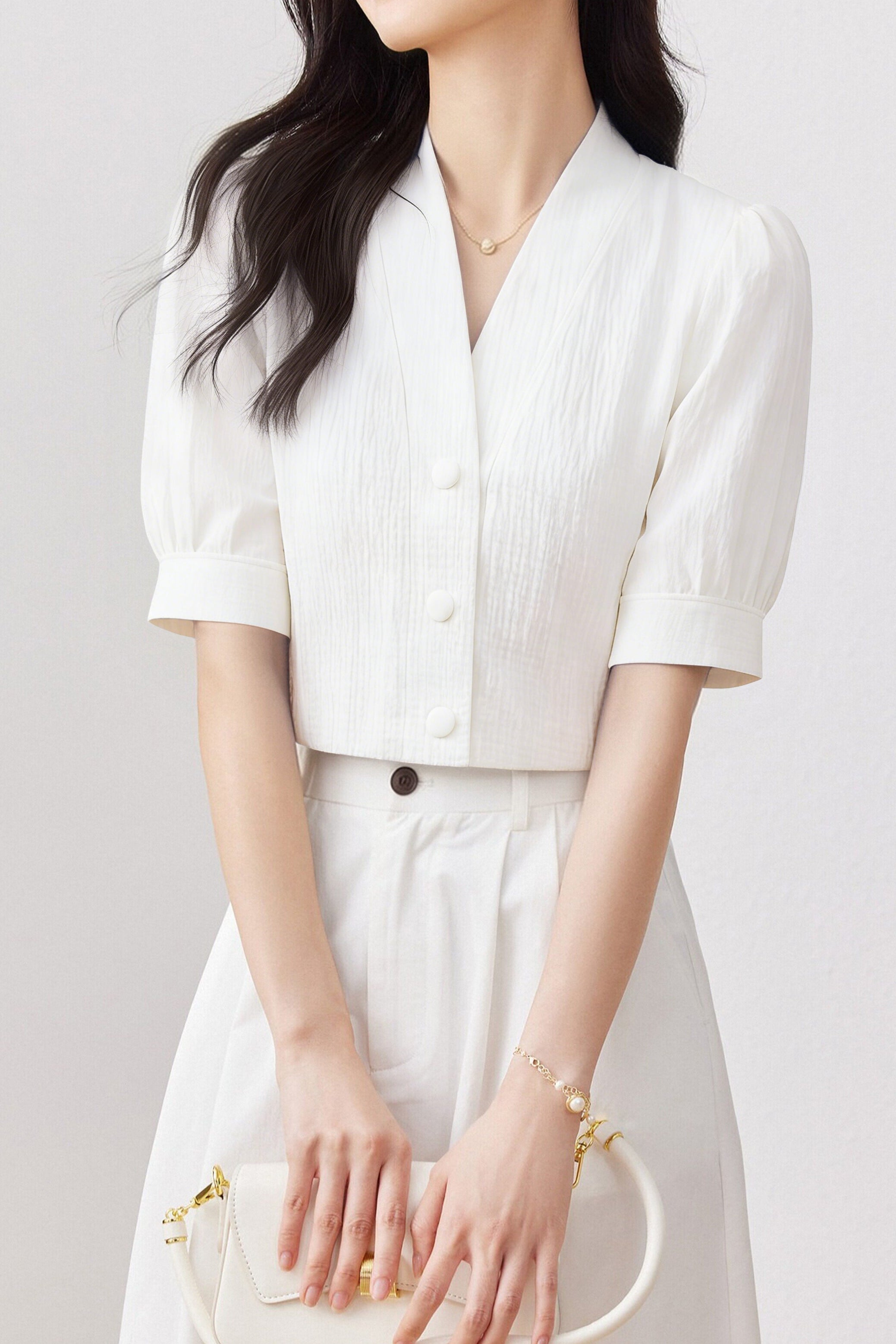 Casual Textured V-Neck Puff Sleeve Shirt - liwisi