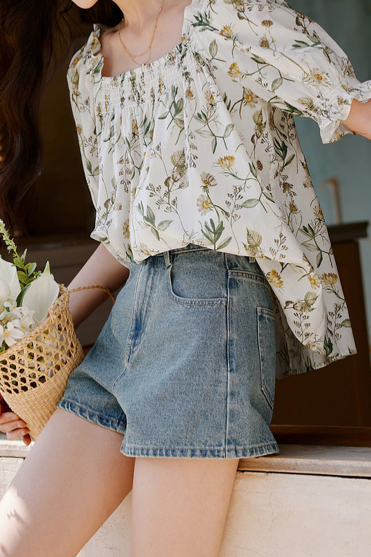 Vacation Floral Print Puff Sleeve Shirt - liwisi