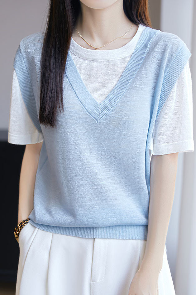 Casual V-Neck Fake Two-Piece Short Sleeve Knitted Top - liwisi