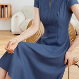 Retro Denim Pleated Short Sleeve Dress - liwisi