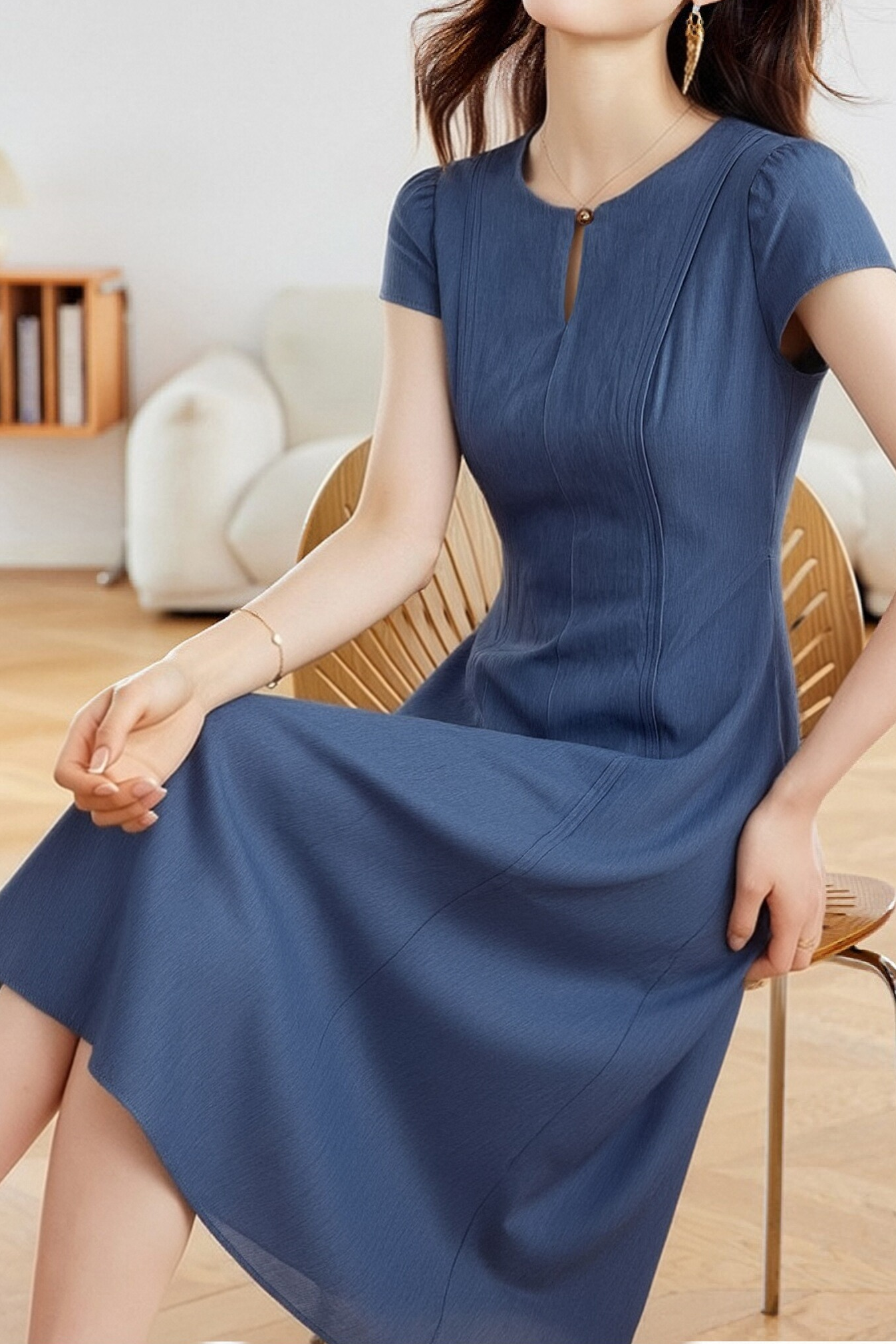 Retro Denim Pleated Short Sleeve Dress - liwisi