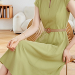 Retro Denim Pleated Short Sleeve Dress - liwisi