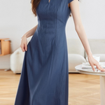 Retro Denim Pleated Short Sleeve Dress - liwisi