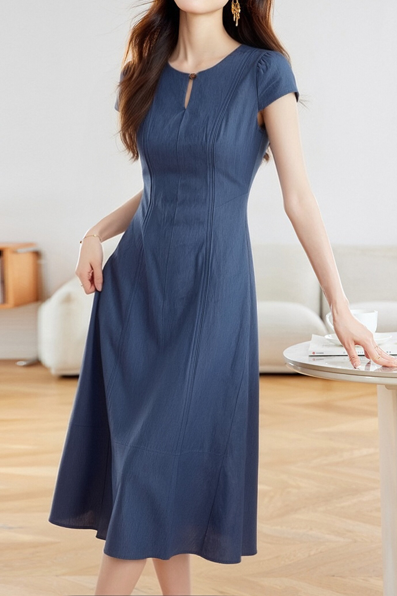 Retro Denim Pleated Short Sleeve Dress - liwisi