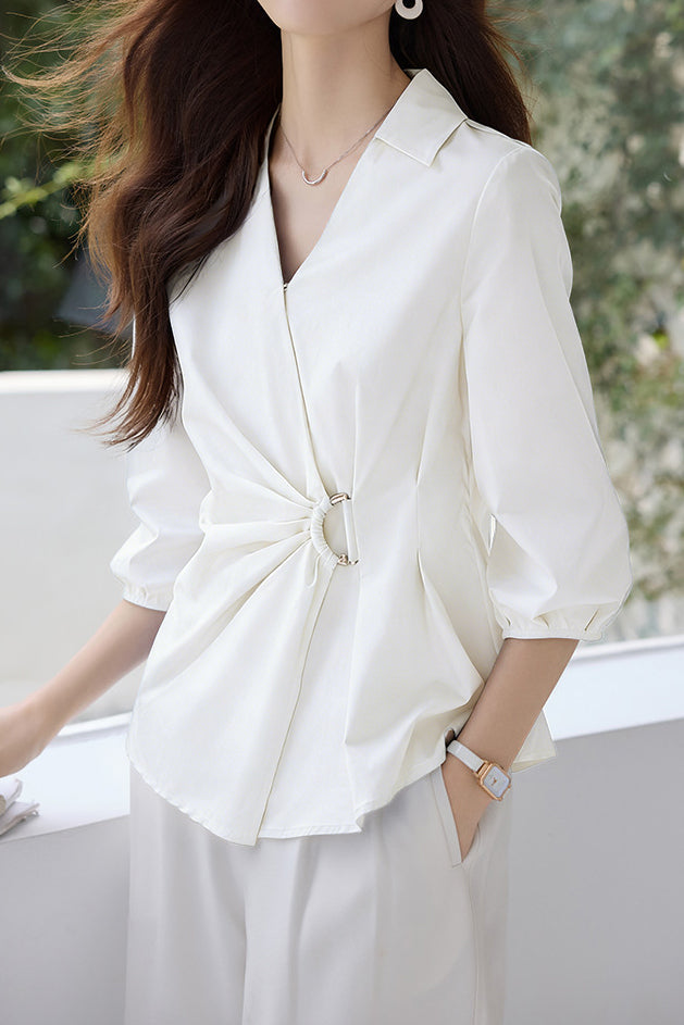 Casual Commute Deconstructed Waist-Cinched V-Neck Shirt - liwisi
