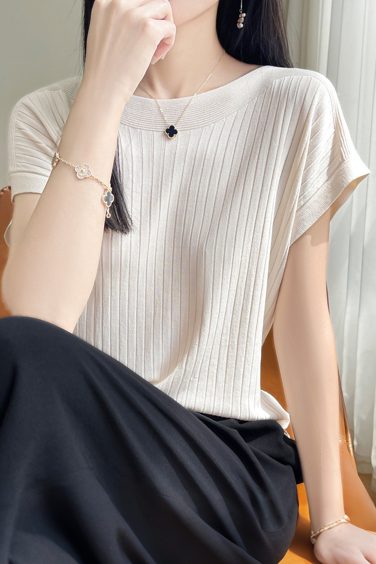 Casual Minimalist Off-Shoulder Short Sleeve Knit Top - liwisi