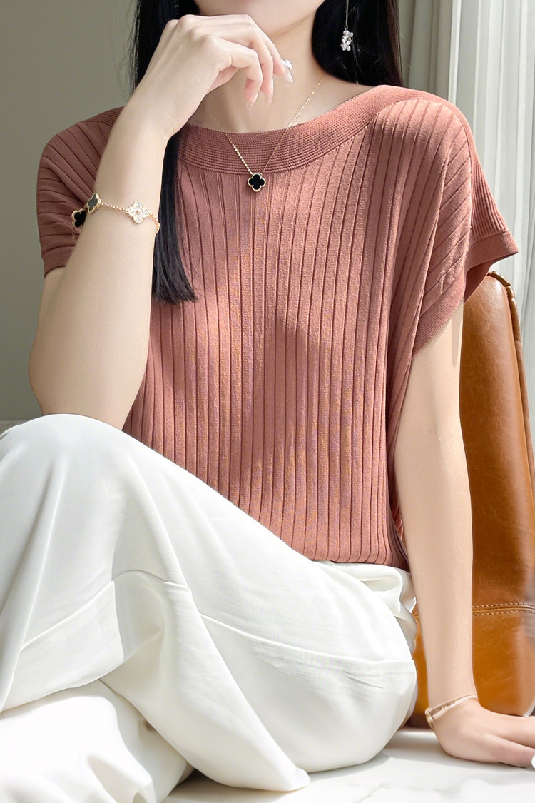 Casual Minimalist Off-Shoulder Short Sleeve Knit Top - liwisi