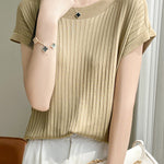 Casual Minimalist Off-Shoulder Short Sleeve Knit Top - liwisi