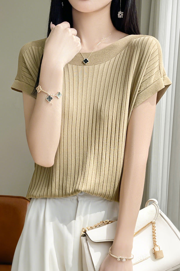Casual Minimalist Off-Shoulder Short Sleeve Knit Top - liwisi