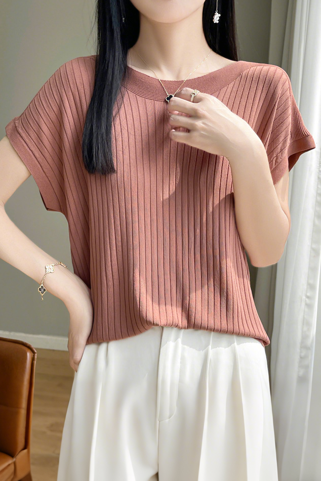 Casual Minimalist Off-Shoulder Short Sleeve Knit Top - liwisi