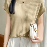 Casual Minimalist Off-Shoulder Short Sleeve Knit Top - liwisi