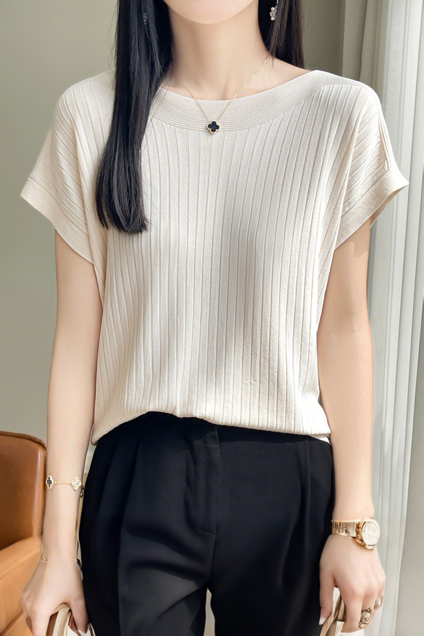 Casual Minimalist Off-Shoulder Short Sleeve Knit Top - liwisi