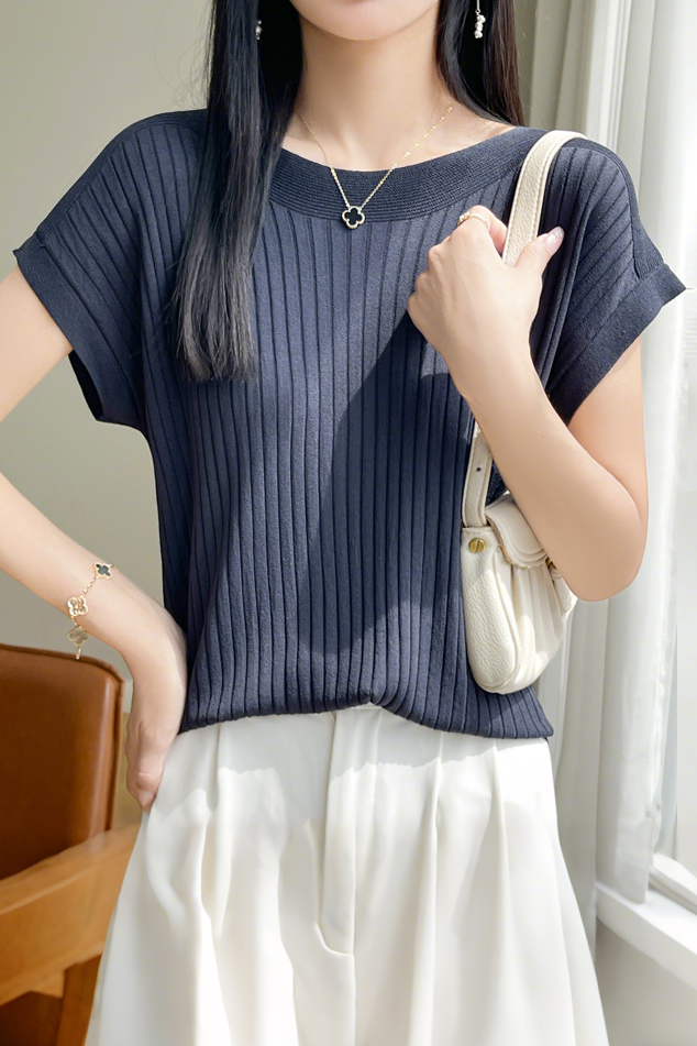 Casual Minimalist Off-Shoulder Short Sleeve Knit Top - liwisi