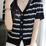 Tencel V-Neck Striped Knit Top - liwisi