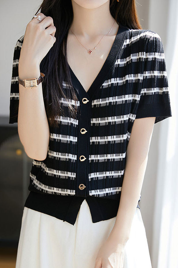 Tencel V-Neck Striped Knit Top - liwisi