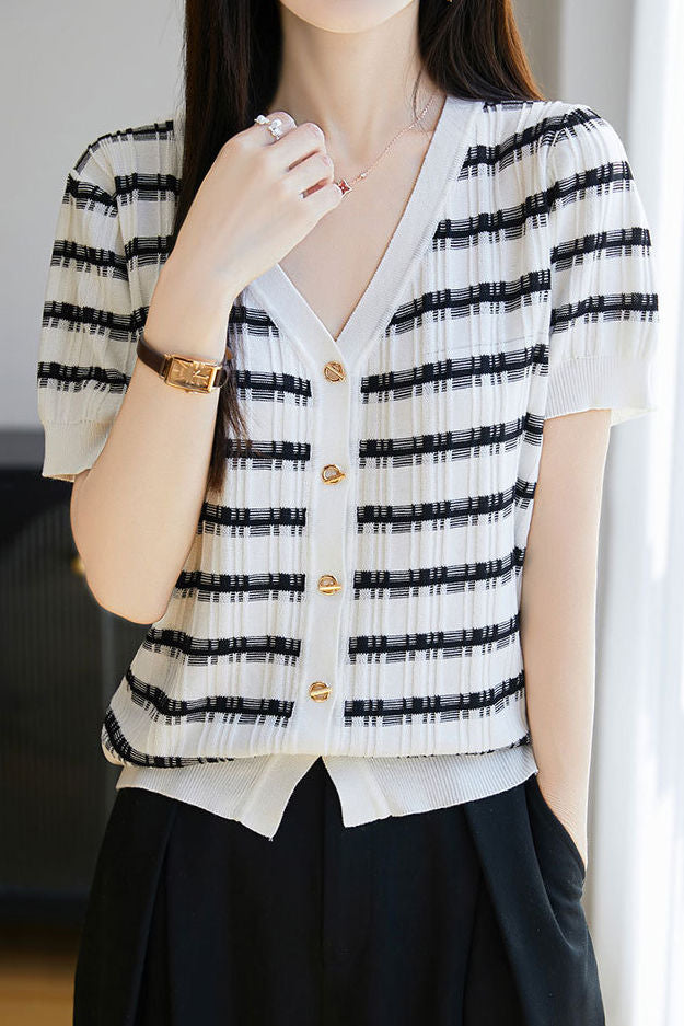 Tencel V-Neck Striped Knit Top - liwisi