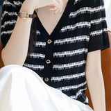 Tencel V-Neck Striped Knit Top - liwisi