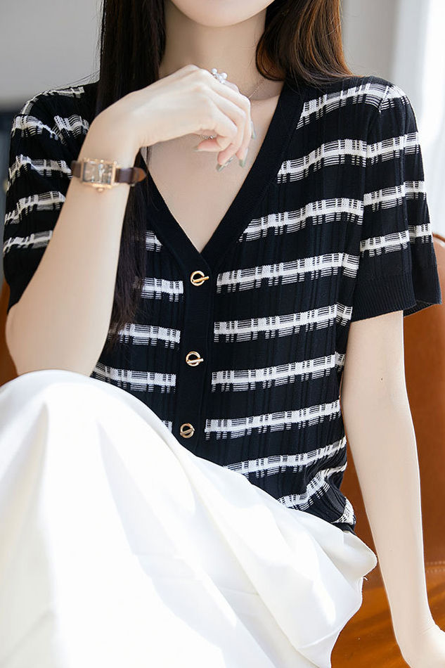 Tencel V-Neck Striped Knit Top - liwisi