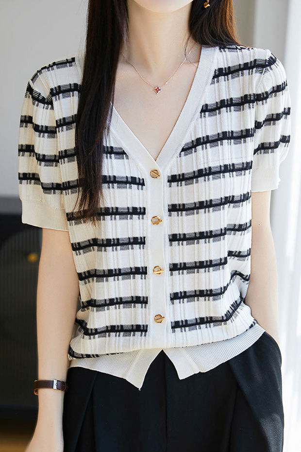 Tencel V-Neck Striped Knit Top - liwisi