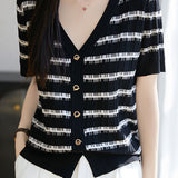 Tencel V-Neck Striped Knit Top - liwisi
