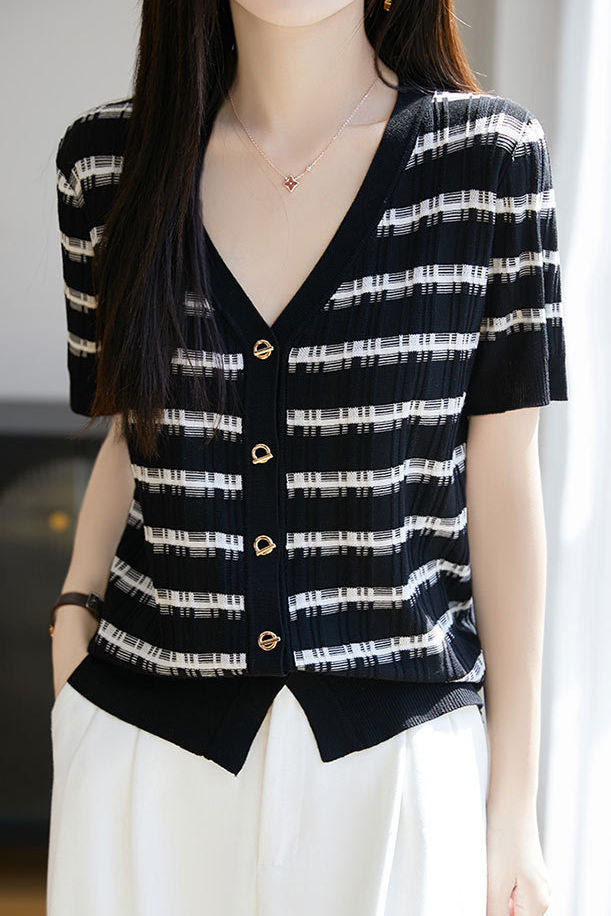 Tencel V-Neck Striped Knit Top - liwisi