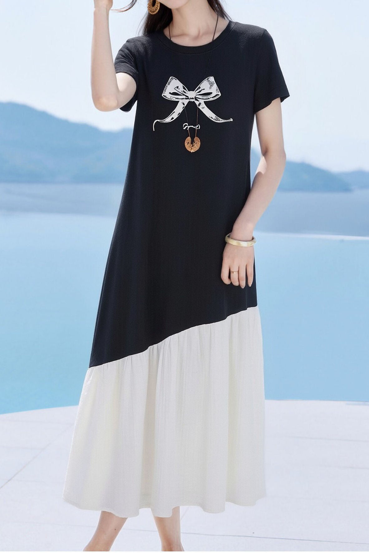 Casual Bow Print Patchwork Dress - liwisi