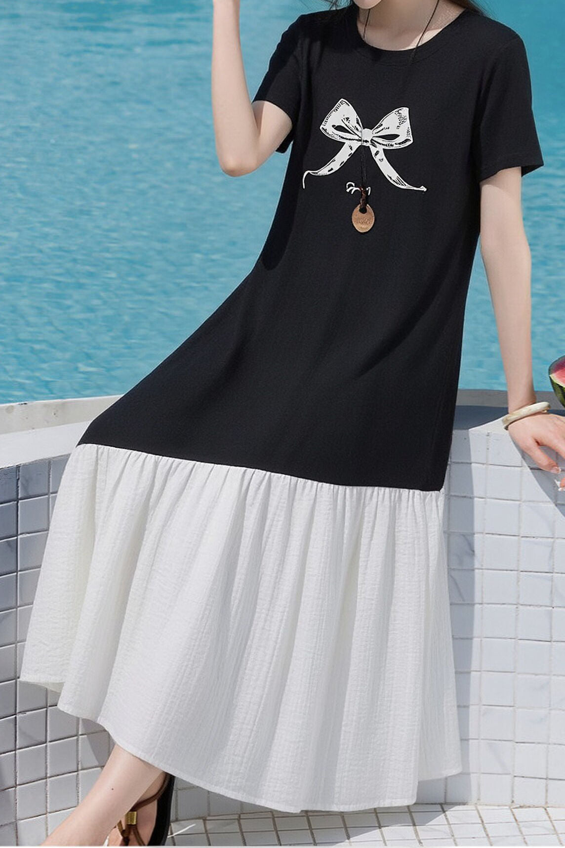 Casual Bow Print Patchwork Dress - liwisi