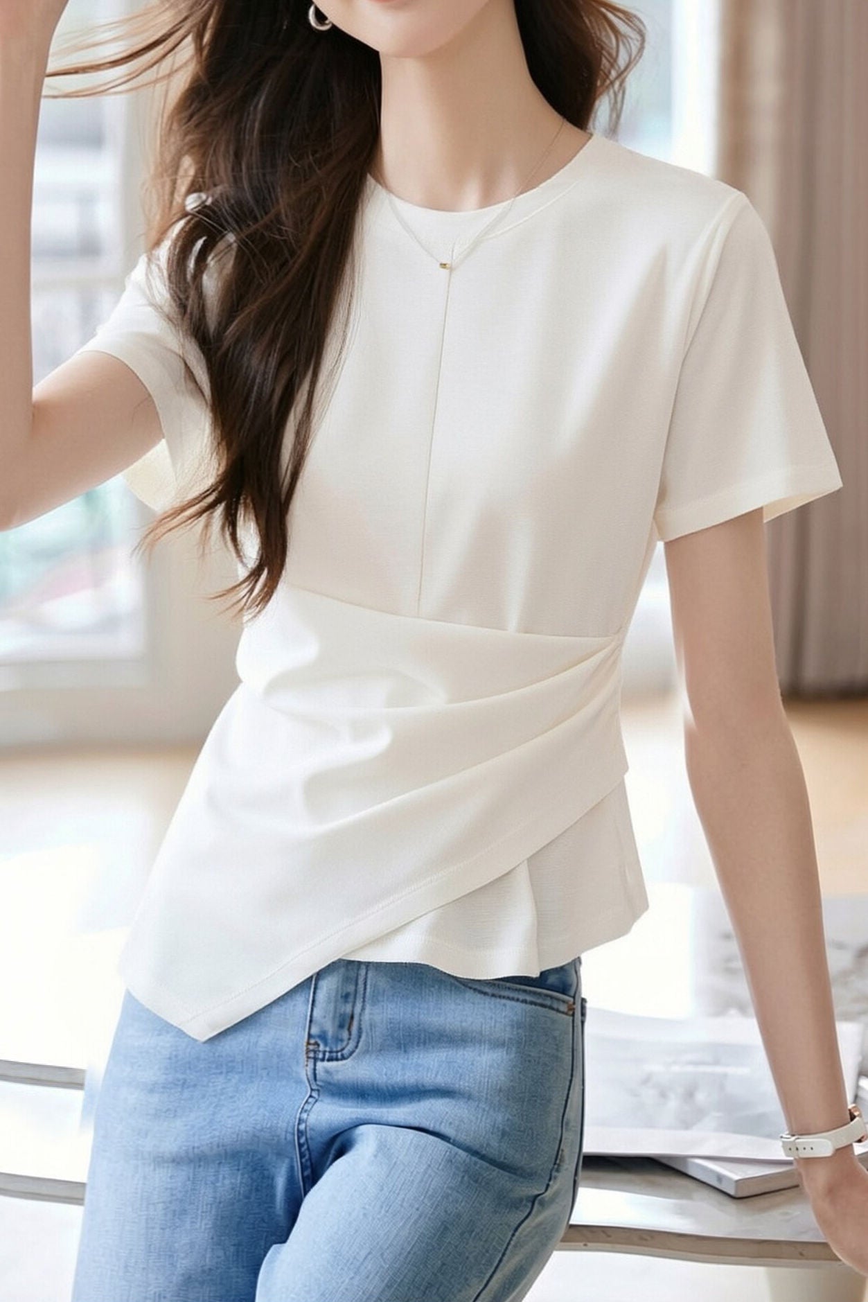 Casual Commute Asymmetric Pleated T-Shirt - liwisi