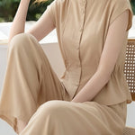 Stand Collar Ruched Waist Cotton Linen Wide-Leg Pants Set - liwisi