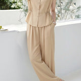 Stand Collar Ruched Waist Cotton Linen Wide-Leg Pants Set - liwisi