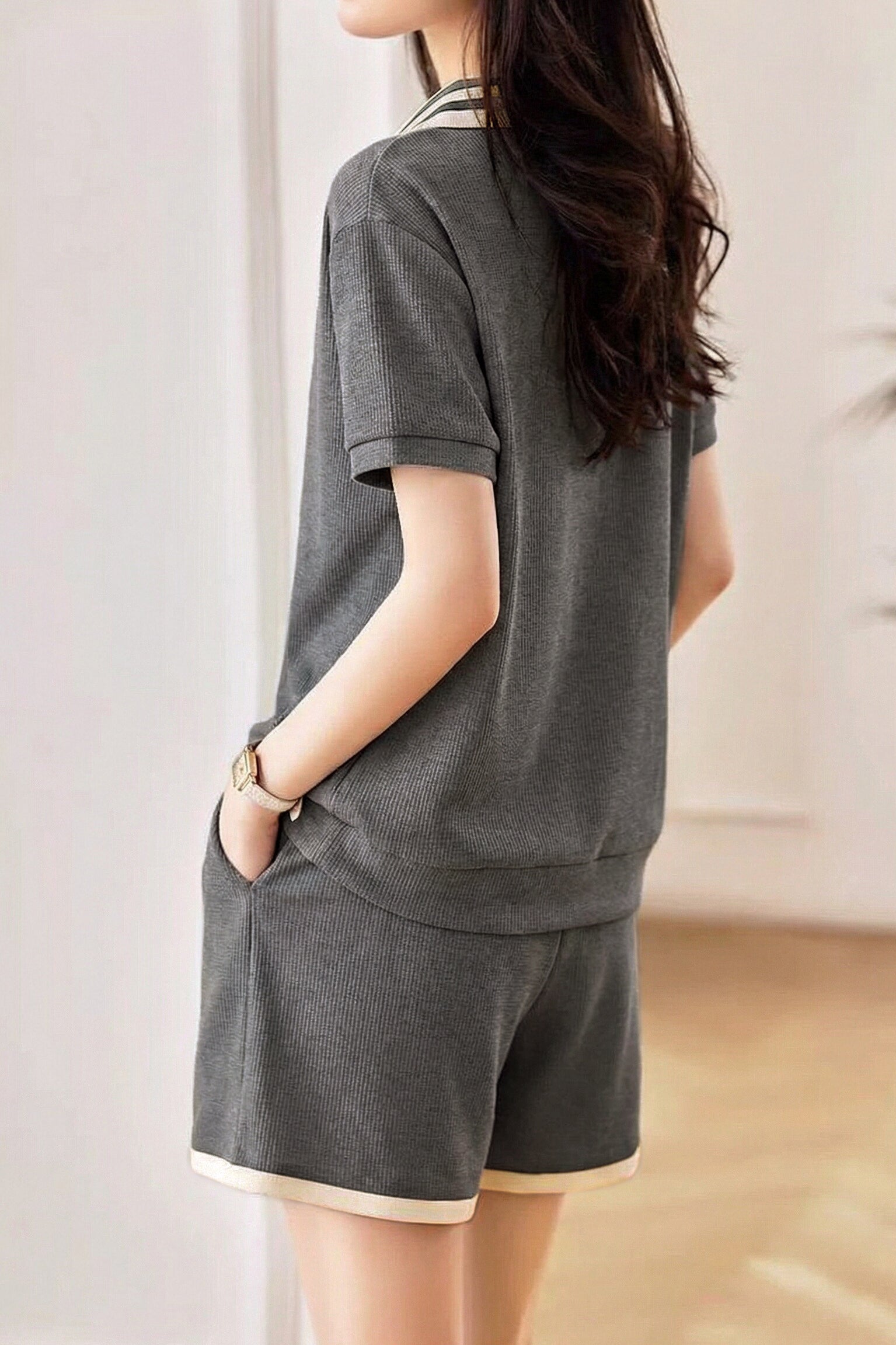 Lazy Style Color-Block Striped Shirt & Shorts Set - liwisi