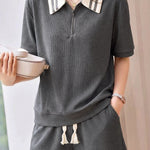 Lazy Style Color-Block Striped Shirt & Shorts Set - liwisi