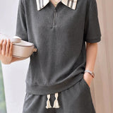 Lazy Style Color-Block Striped Shirt & Shorts Set - liwisi