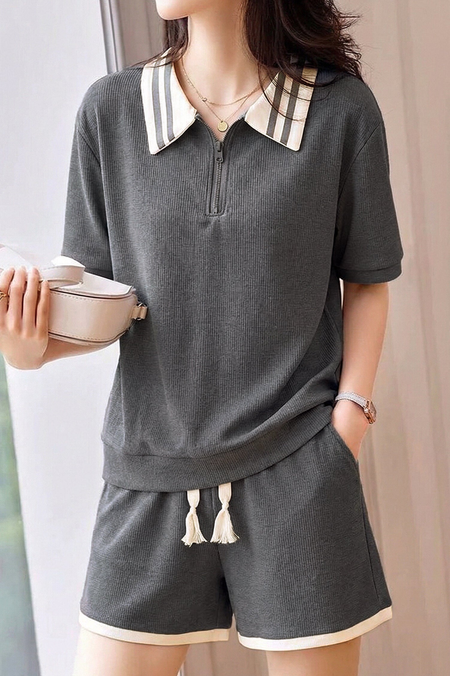 Lazy Style Color-Block Striped Shirt & Shorts Set - liwisi