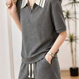 Lazy Style Color-Block Striped Shirt & Shorts Set - liwisi