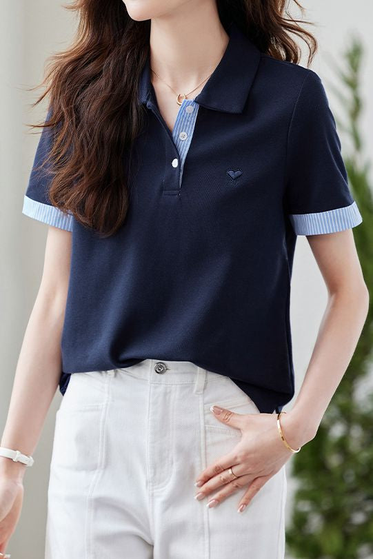 Casual Contrast Stripe Love Heart Embroidered T-Shirt - liwisi