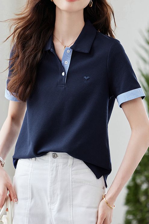 Casual Contrast Stripe Love Heart Embroidered T-Shirt - liwisi