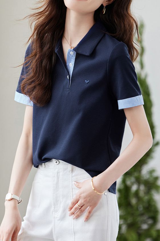 Casual Contrast Stripe Love Heart Embroidered T-Shirt - liwisi