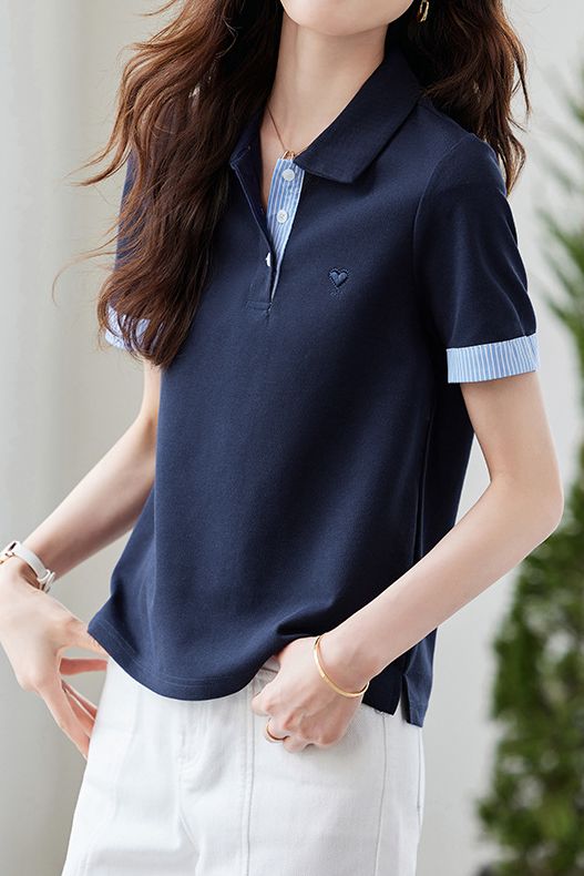 Casual Contrast Stripe Love Heart Embroidered T-Shirt - liwisi