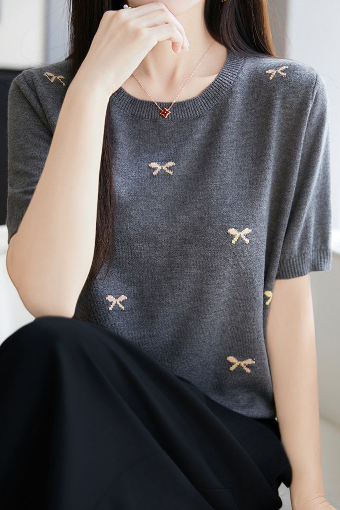 Casual Butterfly Round Neck Short Sleeve Knit Top - liwisi
