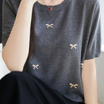 Casual Butterfly Round Neck Short Sleeve Knit Top - liwisi