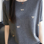 Casual Butterfly Round Neck Short Sleeve Knit Top - liwisi